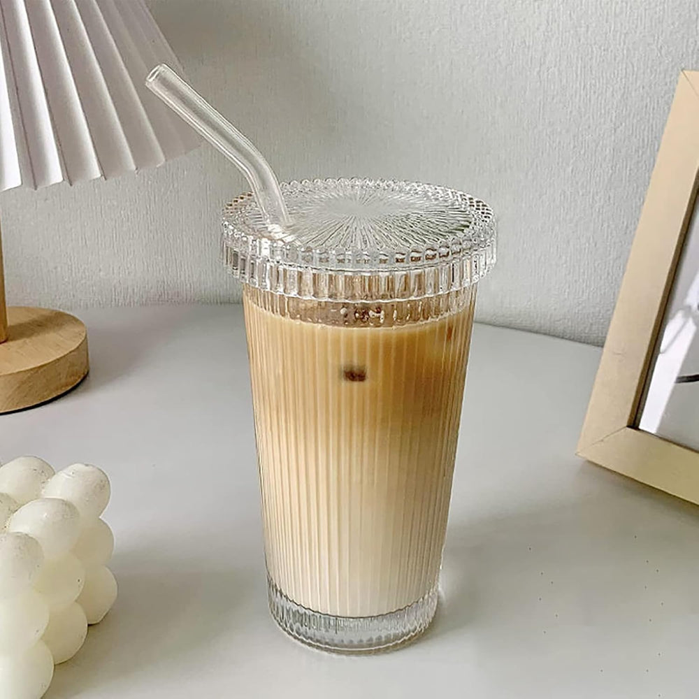 Ice Coffee Mug with Lid and Straw, Glass Cups for Drinking Water, Coffee, Milk, Tea, Iced Coffee, Juice
